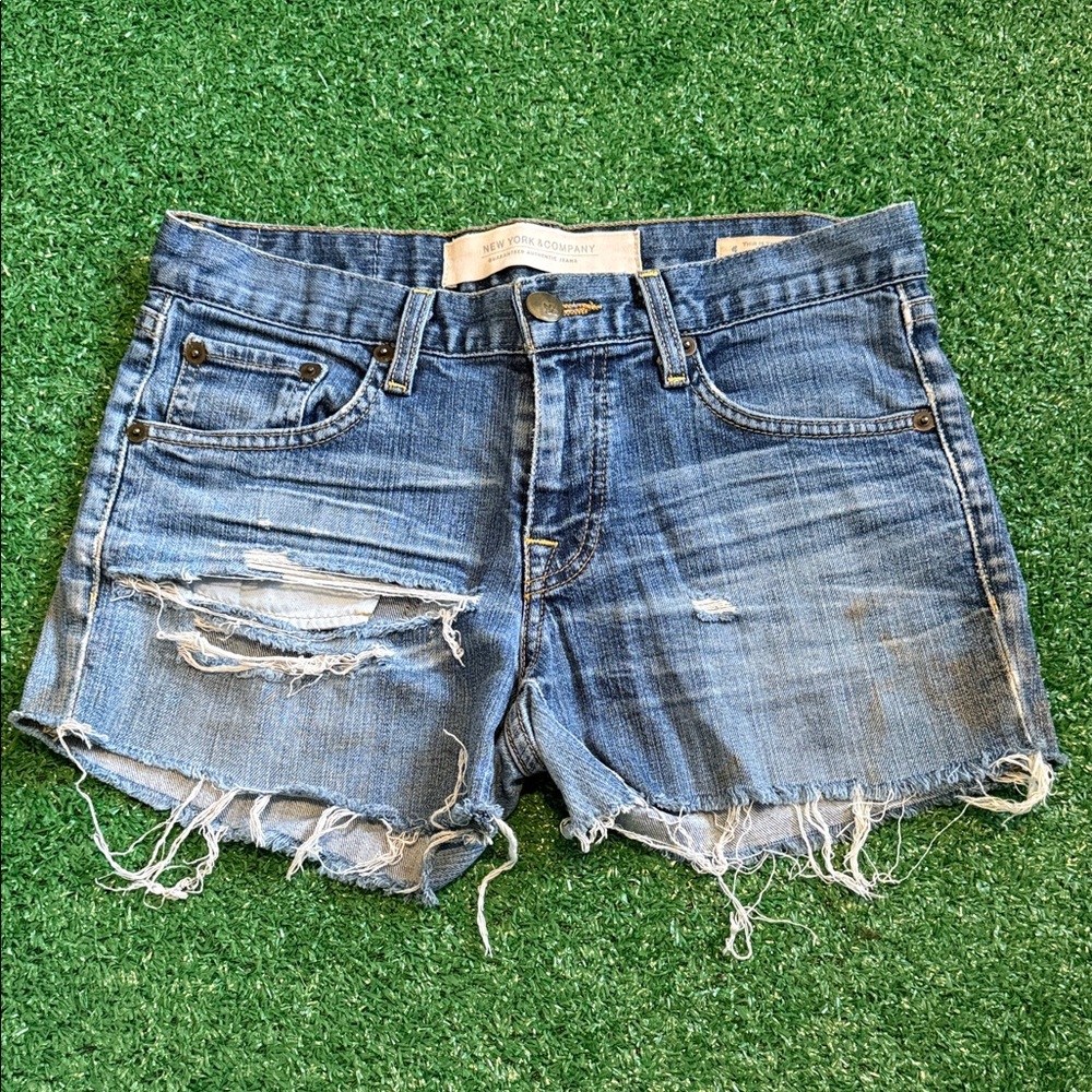 New York & Company Classic Blue Grunge Distressed Cut Off Raw Hem Jean Shorts